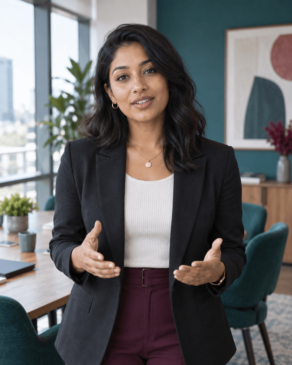 A workplace trainer speaking directly to camera in a meeting room