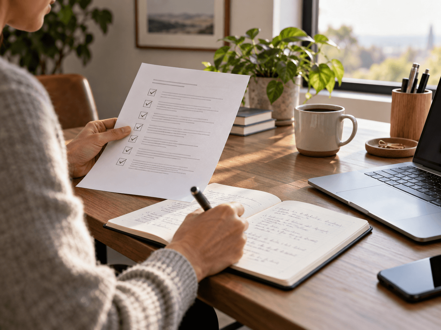 Hands reviewing a workplace training checklist beside a laptop